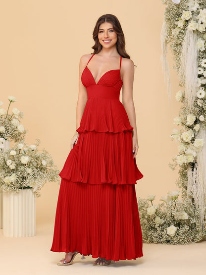 A-Line/Princess Spaghetti Straps Sleeveless Floor-Length Tiered Bridesmaid Dresses With  & Pleats