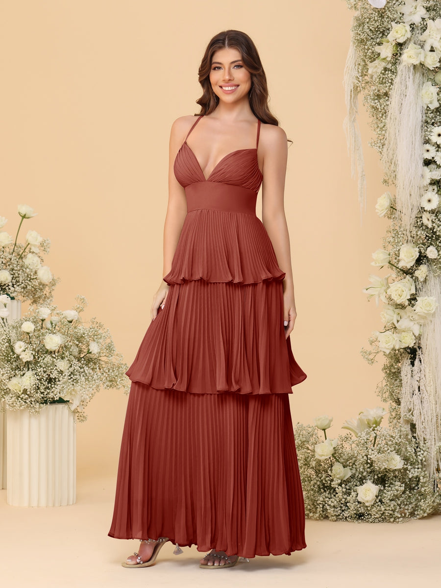 A-Line/Princess Spaghetti Straps Sleeveless Floor-Length Tiered Bridesmaid Dresses With  & Pleats