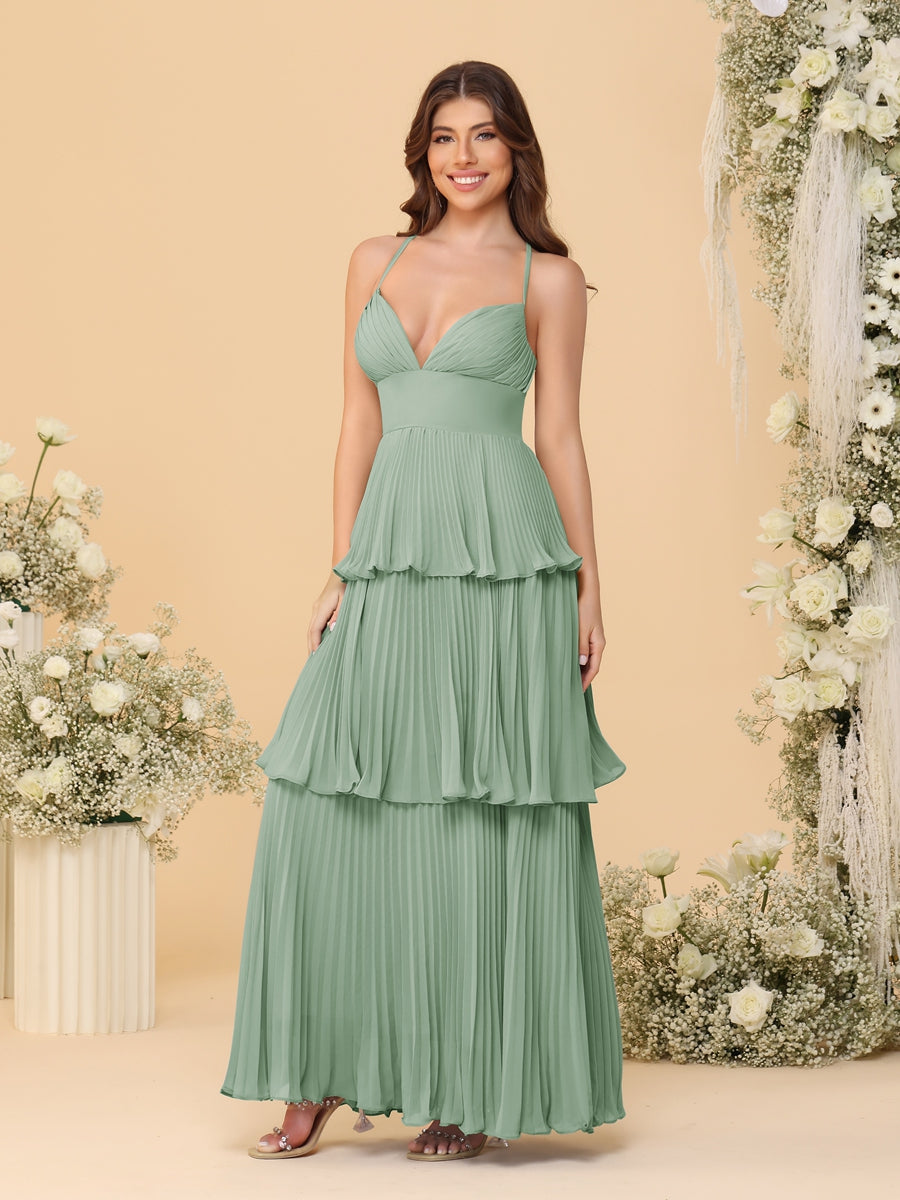 A-Line/Princess Spaghetti Straps Sleeveless Floor-Length Tiered Bridesmaid Dresses With  & Pleats