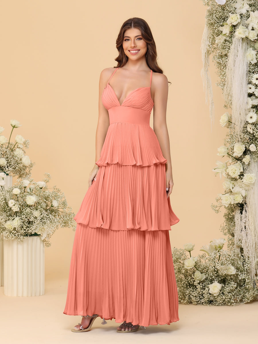 A-Line/Princess Spaghetti Straps Sleeveless Floor-Length Tiered Bridesmaid Dresses With  & Pleats