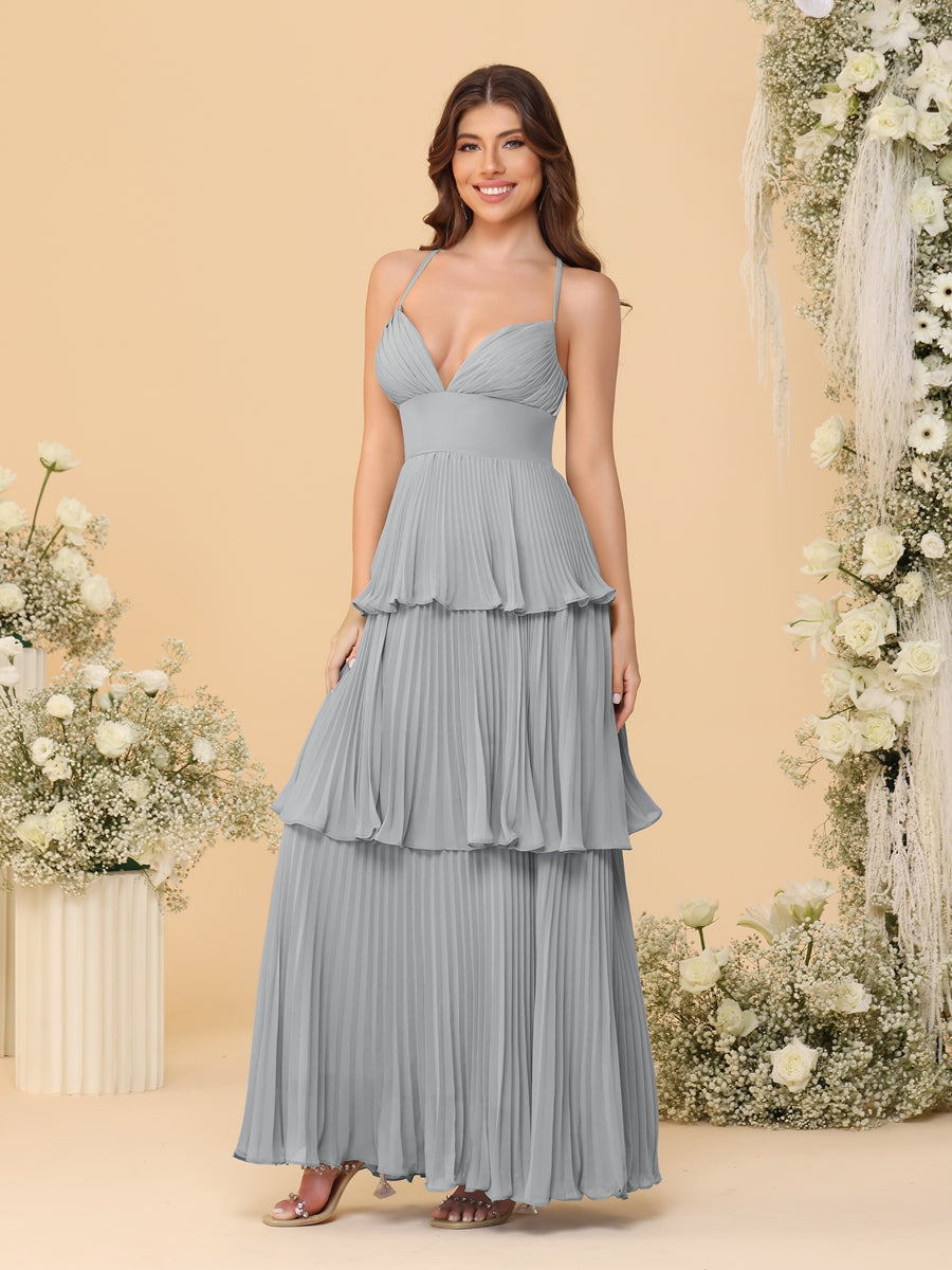 A-Line/Princess Spaghetti Straps Sleeveless Floor-Length Tiered Bridesmaid Dresses With  & Pleats