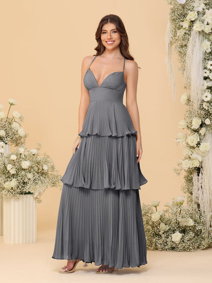 A-Line/Princess Spaghetti Straps Sleeveless Floor-Length Tiered Bridesmaid Dresses With  & Pleats