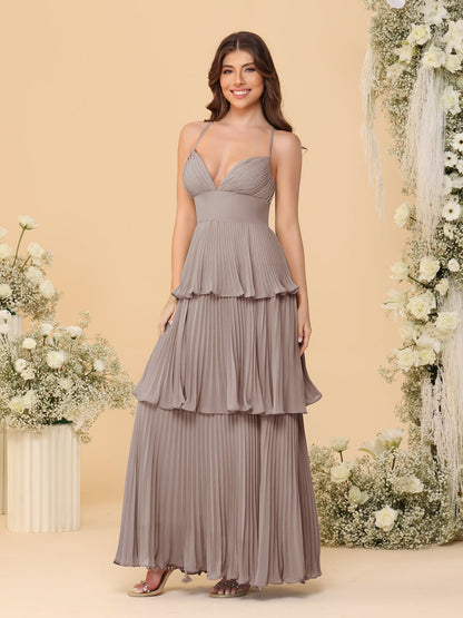 A-Line/Princess Spaghetti Straps Sleeveless Floor-Length Tiered Bridesmaid Dresses With  & Pleats