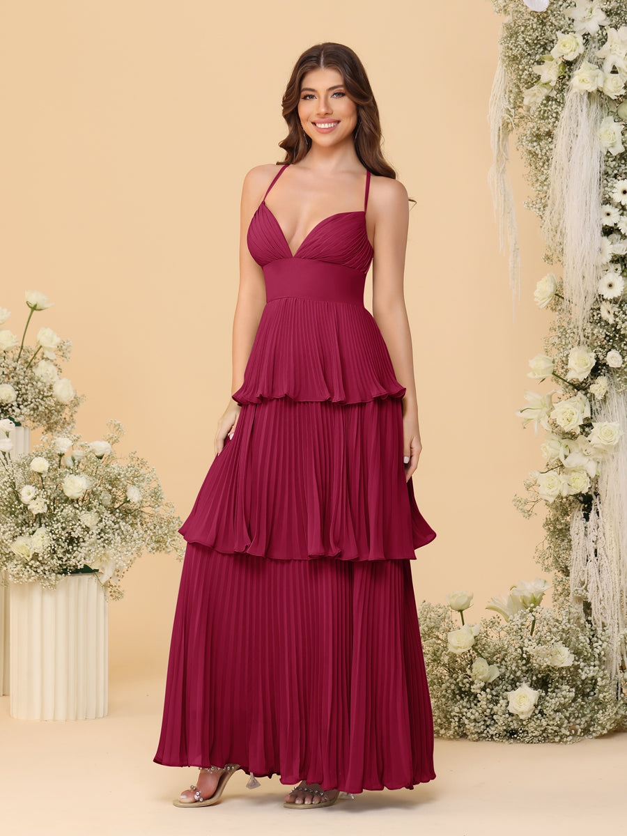 A-Line/Princess Spaghetti Straps Sleeveless Floor-Length Tiered Bridesmaid Dresses With  & Pleats