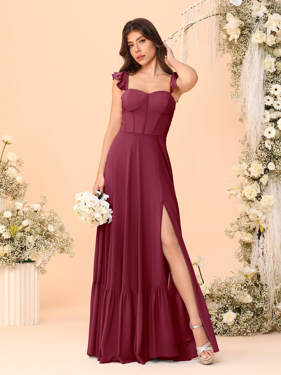 A-Line/Princess Square Neck Sleeveless Floor-Length Bridesmaid Dresses With Side Slit & Ruffles