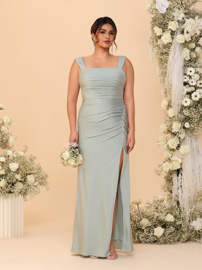 Sheath/Column Square Neck Sleeveless Floor-Length Ruched  Plus Size Bridesmaid Dresses With Side Slit