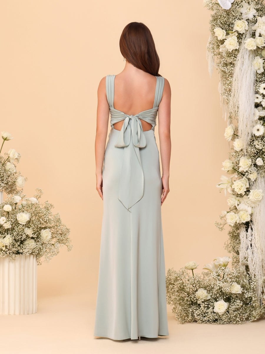 Sheath/Column Square Neck Sleeveless Floor-Length Ruched  Plus Size Bridesmaid Dresses With Side Slit