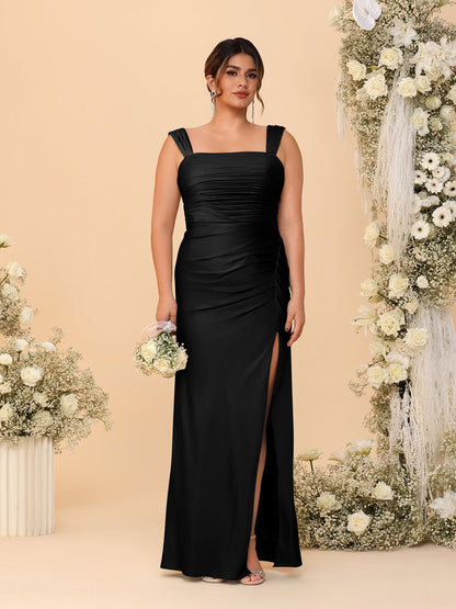 Sheath/Column Square Neck Sleeveless Floor-Length Ruched  Plus Size Bridesmaid Dresses With Side Slit