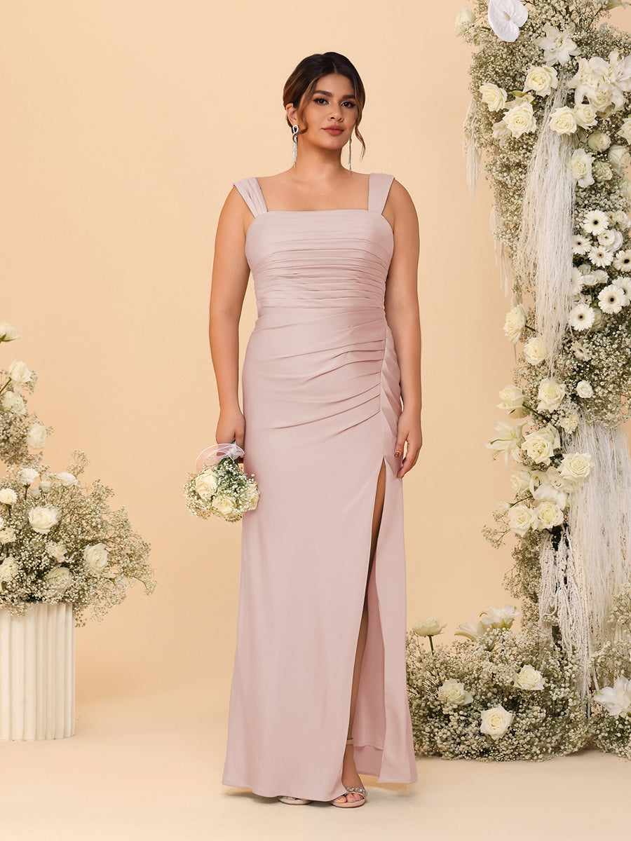 Sheath/Column Square Neck Sleeveless Floor-Length Ruched  Plus Size Bridesmaid Dresses With Side Slit