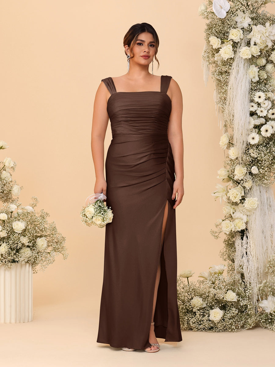 Sheath/Column Square Neck Sleeveless Floor-Length Ruched  Plus Size Bridesmaid Dresses With Side Slit