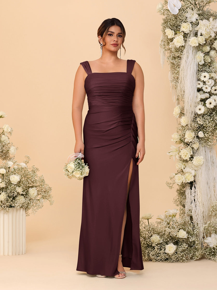 Sheath/Column Square Neck Sleeveless Floor-Length Ruched  Plus Size Bridesmaid Dresses With Side Slit