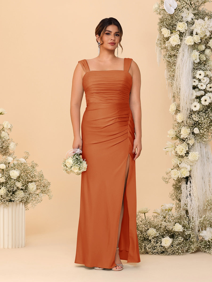 Sheath/Column Square Neck Sleeveless Floor-Length Ruched  Plus Size Bridesmaid Dresses With Side Slit