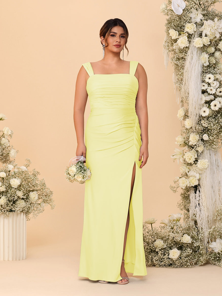 Sheath/Column Square Neck Sleeveless Floor-Length Ruched  Plus Size Bridesmaid Dresses With Side Slit