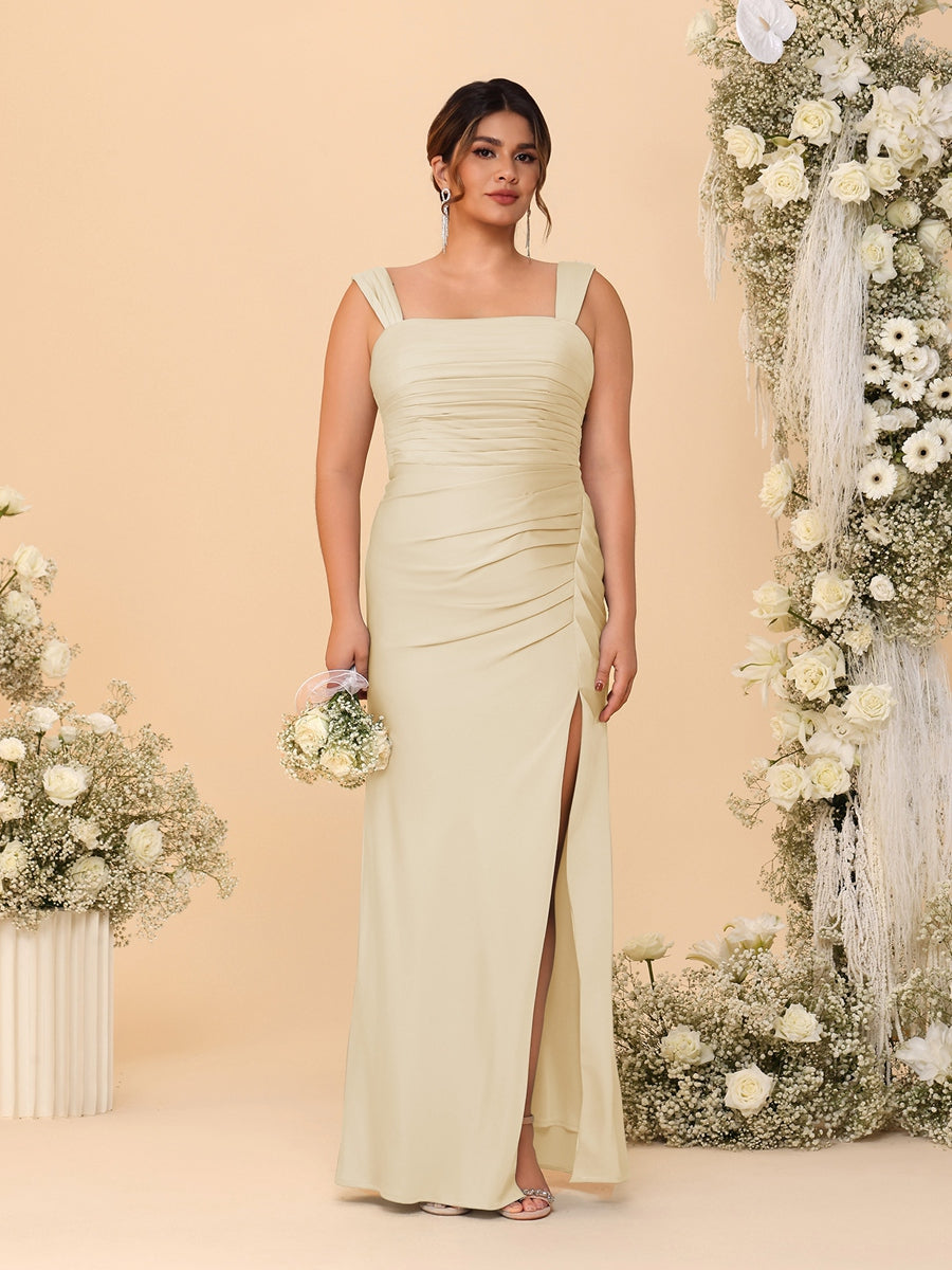 Sheath/Column Square Neck Sleeveless Floor-Length Ruched  Plus Size Bridesmaid Dresses With Side Slit
