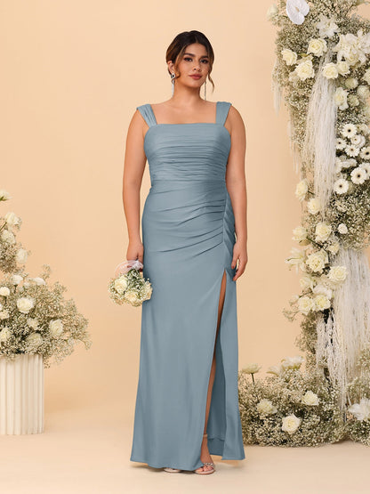 Sheath/Column Square Neck Sleeveless Floor-Length Ruched  Plus Size Bridesmaid Dresses With Side Slit