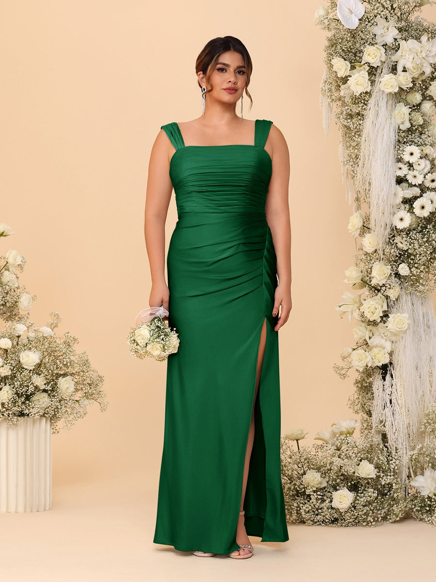 Sheath/Column Square Neck Sleeveless Floor-Length Ruched  Plus Size Bridesmaid Dresses With Side Slit