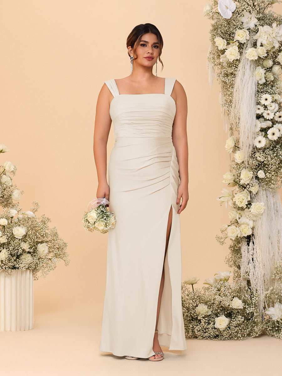 Sheath/Column Square Neck Sleeveless Floor-Length Ruched  Plus Size Bridesmaid Dresses With Side Slit