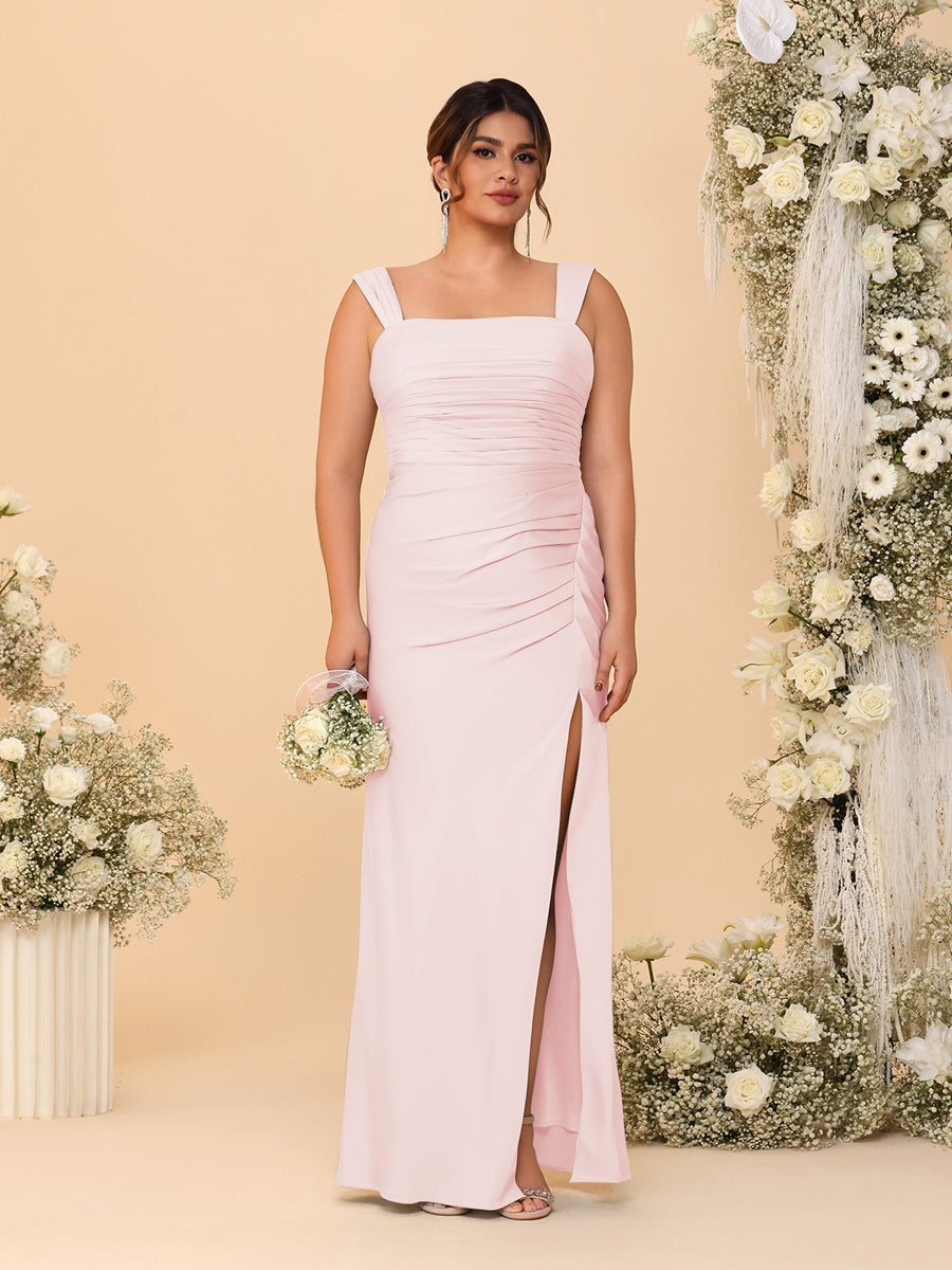 Sheath/Column Square Neck Sleeveless Floor-Length Ruched  Plus Size Bridesmaid Dresses With Side Slit