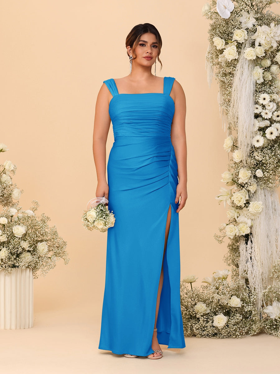 Sheath/Column Square Neck Sleeveless Floor-Length Ruched  Plus Size Bridesmaid Dresses With Side Slit