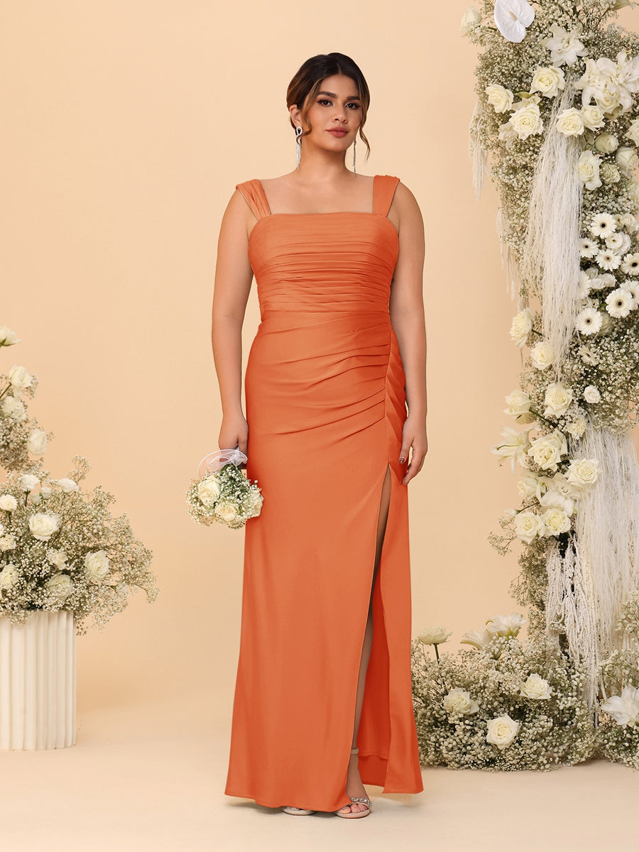 Sheath/Column Square Neck Sleeveless Floor-Length Ruched  Plus Size Bridesmaid Dresses With Side Slit
