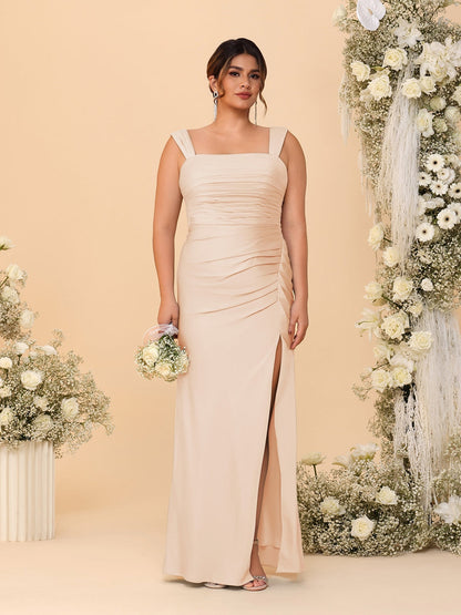 Sheath/Column Square Neck Sleeveless Floor-Length Ruched  Plus Size Bridesmaid Dresses With Side Slit