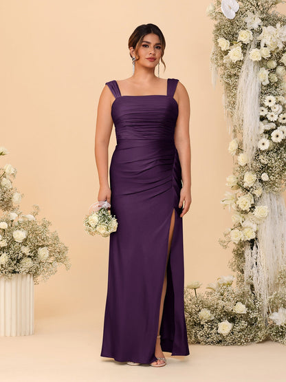 Sheath/Column Square Neck Sleeveless Floor-Length Ruched  Plus Size Bridesmaid Dresses With Side Slit