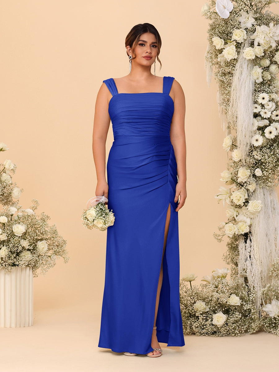 Sheath/Column Square Neck Sleeveless Floor-Length Ruched  Plus Size Bridesmaid Dresses With Side Slit