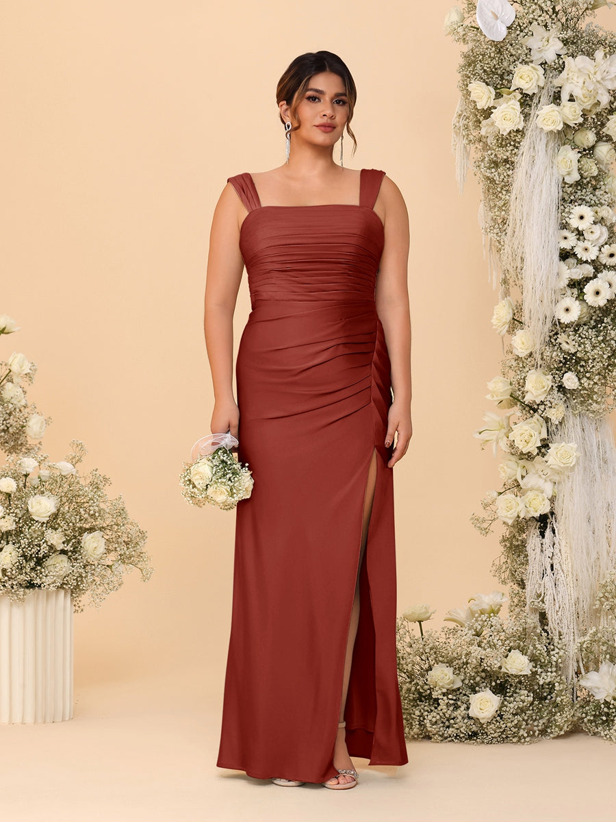 Sheath/Column Square Neck Sleeveless Floor-Length Ruched  Plus Size Bridesmaid Dresses With Side Slit