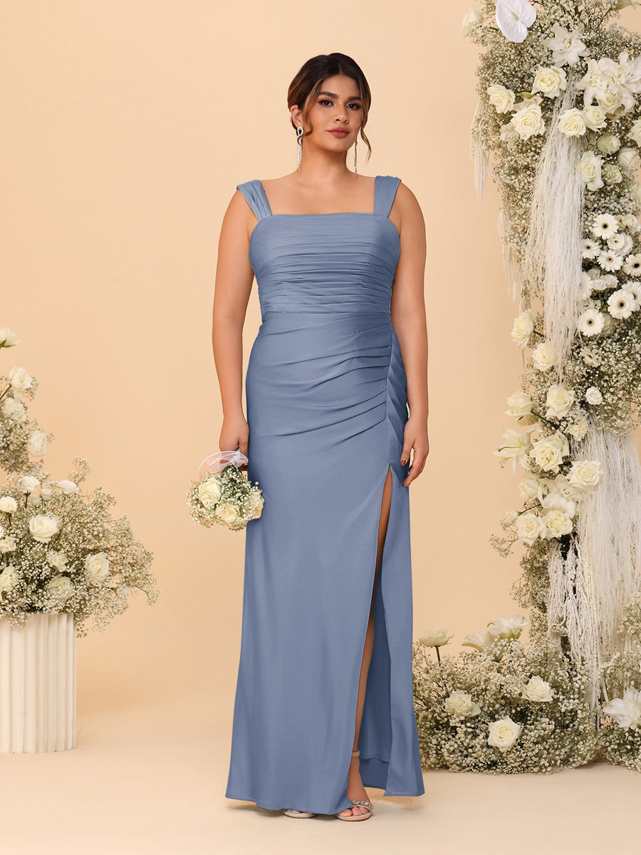 Sheath/Column Square Neck Sleeveless Floor-Length Ruched  Plus Size Bridesmaid Dresses With Side Slit