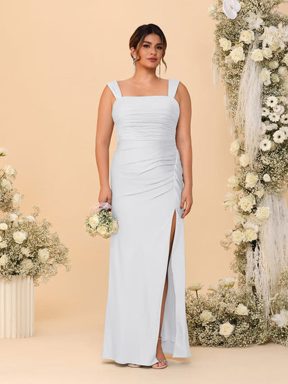 Sheath/Column Square Neck Sleeveless Floor-Length Ruched  Plus Size Bridesmaid Dresses With Side Slit