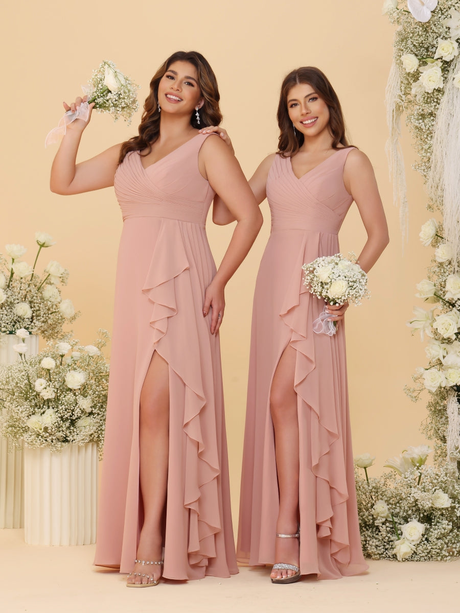 A-Line/Princess V-Neck Sleeveless Ruched Long Chiffon Bridesmaid Dresses With Side Slit & Ruffles
