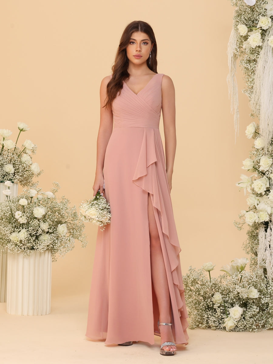 A-Line/Princess V-Neck Sleeveless Ruched Long Chiffon Bridesmaid Dresses With Side Slit & Ruffles