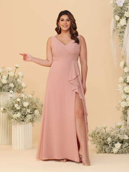 A-Line/Princess V-Neck Sleeveless Ruched Chiffon Plus Size Bridesmaid Dresses With Side Slit & Ruffles