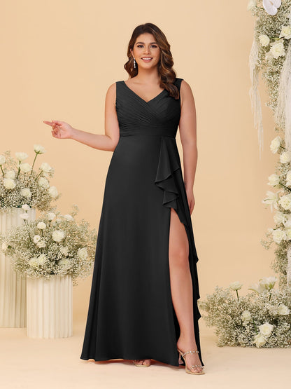A-Line/Princess V-Neck Sleeveless Ruched Chiffon Plus Size Bridesmaid Dresses With Side Slit & Ruffles