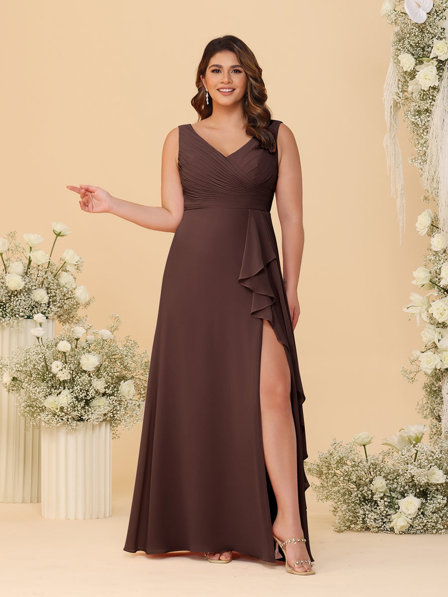 A-Line/Princess V-Neck Sleeveless Ruched Chiffon Plus Size Bridesmaid Dresses With Side Slit & Ruffles