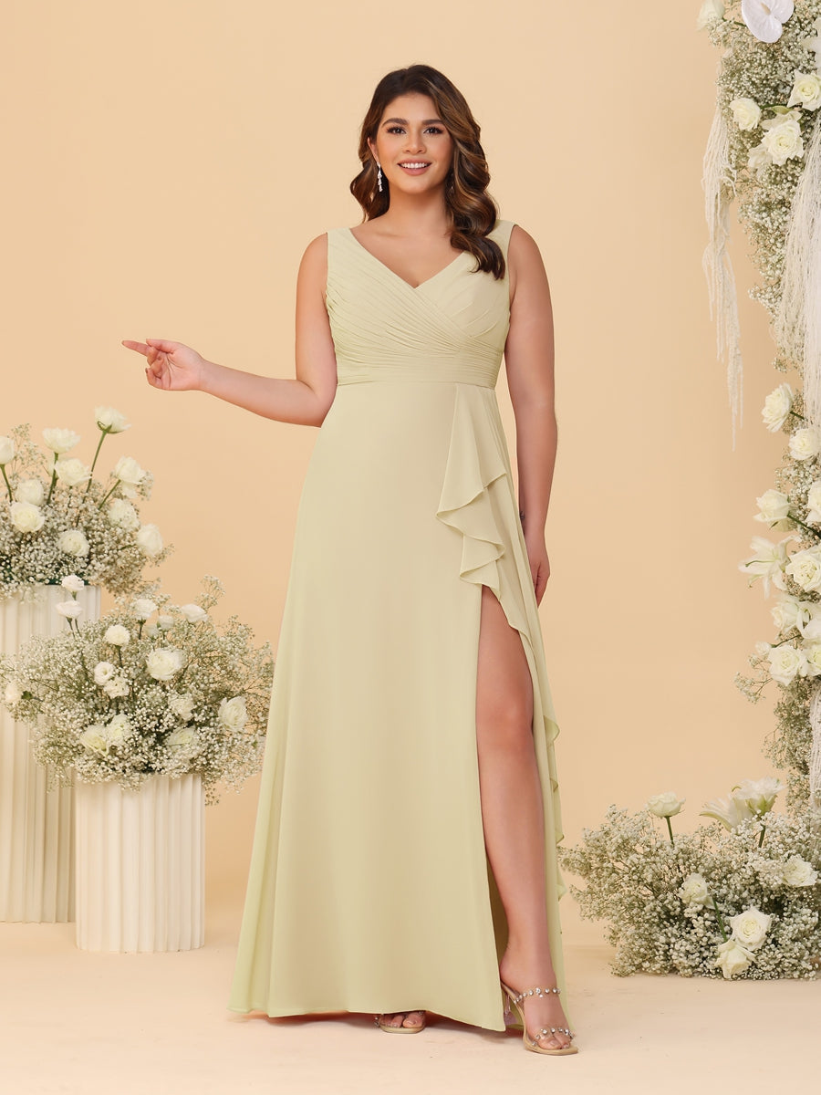 A-Line/Princess V-Neck Sleeveless Ruched Chiffon Plus Size Bridesmaid Dresses With Side Slit & Ruffles