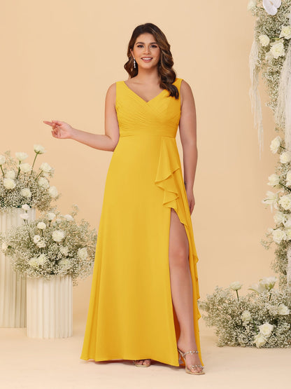 A-Line/Princess V-Neck Sleeveless Ruched Chiffon Plus Size Bridesmaid Dresses With Side Slit & Ruffles