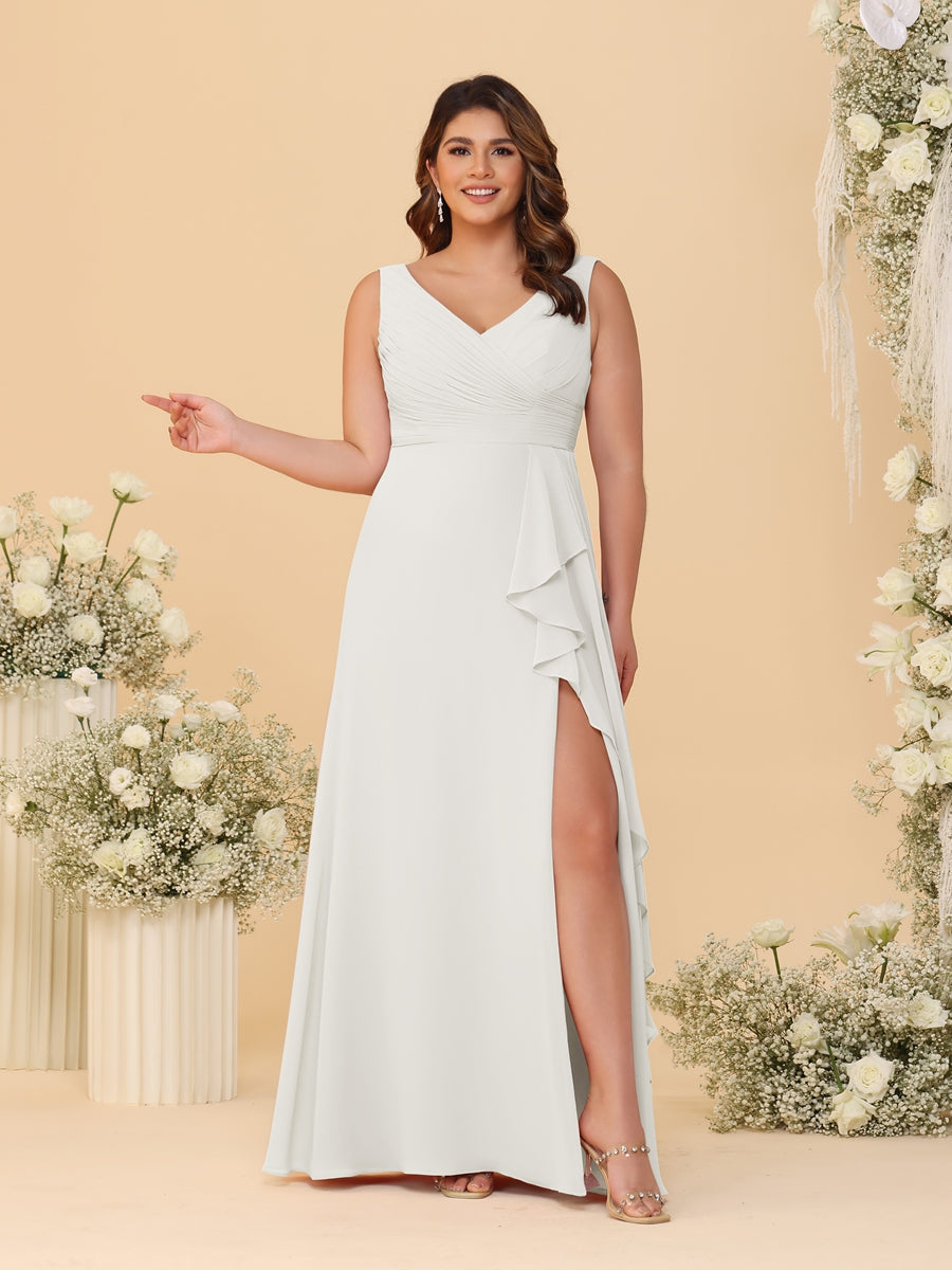 A-Line/Princess V-Neck Sleeveless Ruched Chiffon Plus Size Bridesmaid Dresses With Side Slit & Ruffles