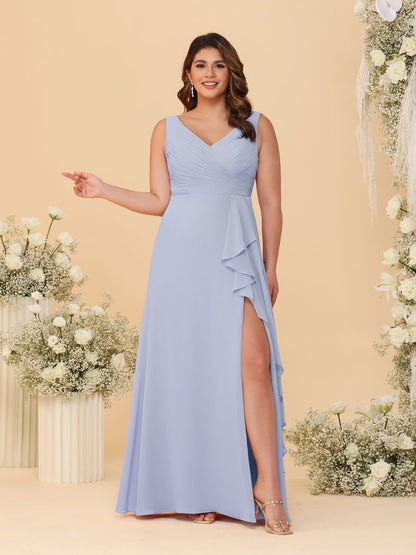 A-Line/Princess V-Neck Sleeveless Ruched Chiffon Plus Size Bridesmaid Dresses With Side Slit & Ruffles