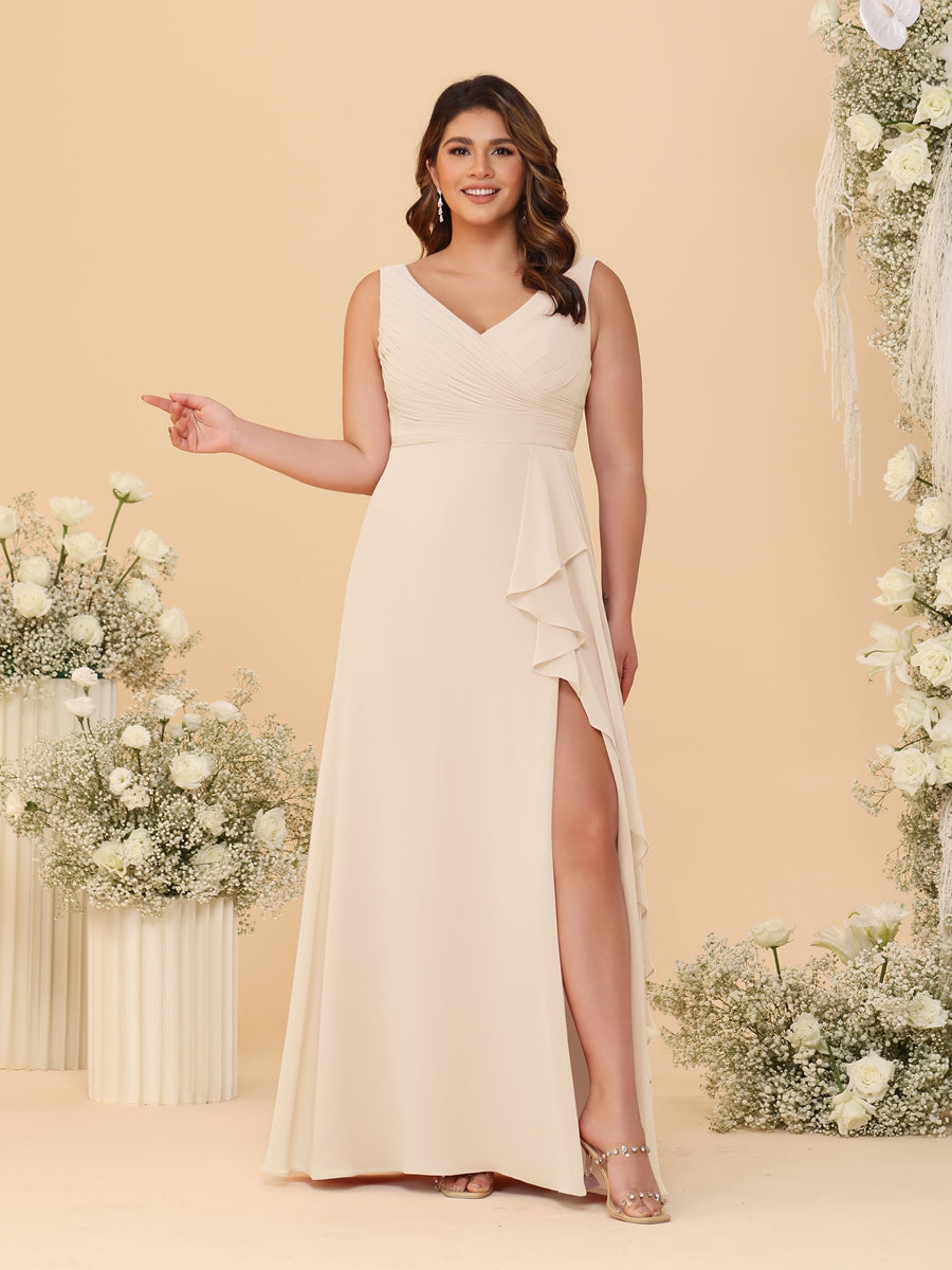 A-Line/Princess V-Neck Sleeveless Ruched Chiffon Plus Size Bridesmaid Dresses With Side Slit & Ruffles