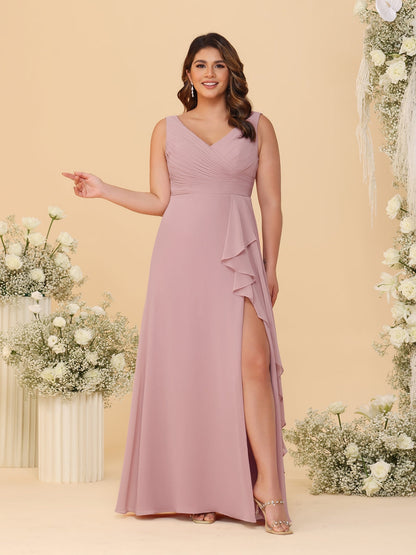 A-Line/Princess V-Neck Sleeveless Ruched Chiffon Plus Size Bridesmaid Dresses With Side Slit & Ruffles