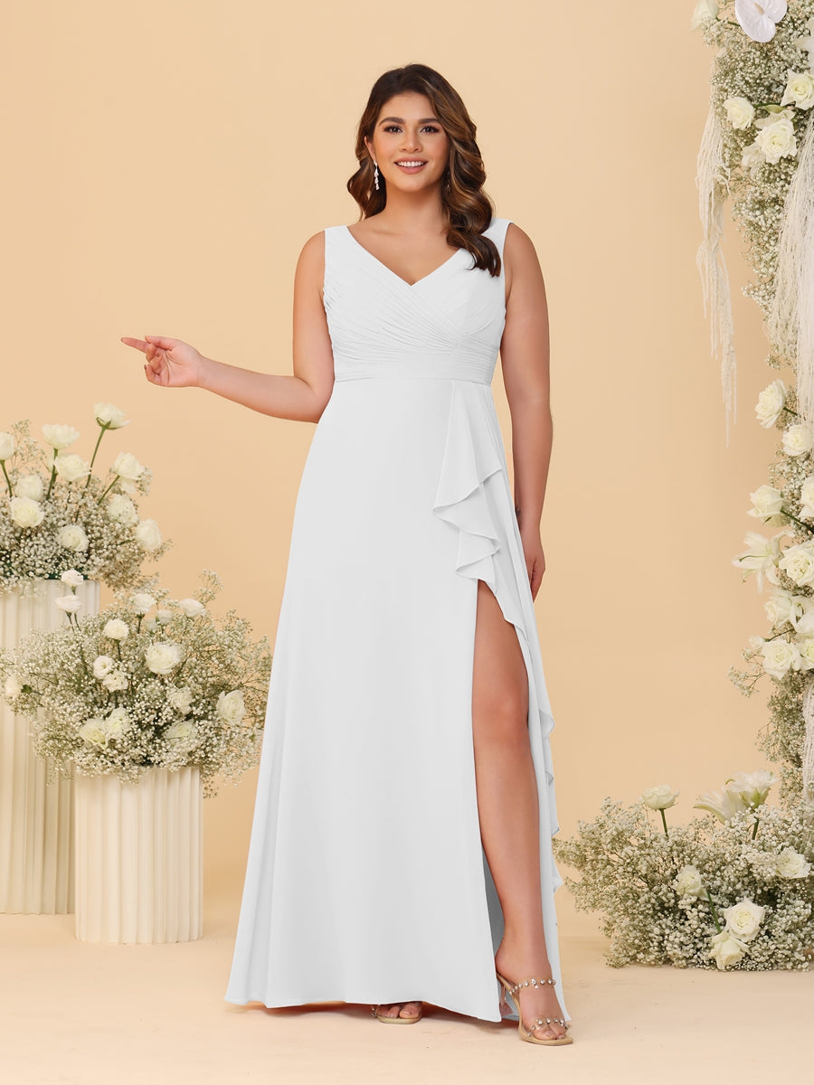 A-Line/Princess V-Neck Sleeveless Ruched Chiffon Plus Size Bridesmaid Dresses With Side Slit & Ruffles