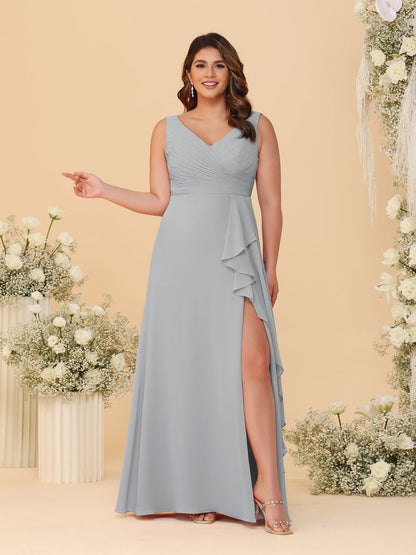 A-Line/Princess V-Neck Sleeveless Ruched Chiffon Plus Size Bridesmaid Dresses With Side Slit & Ruffles