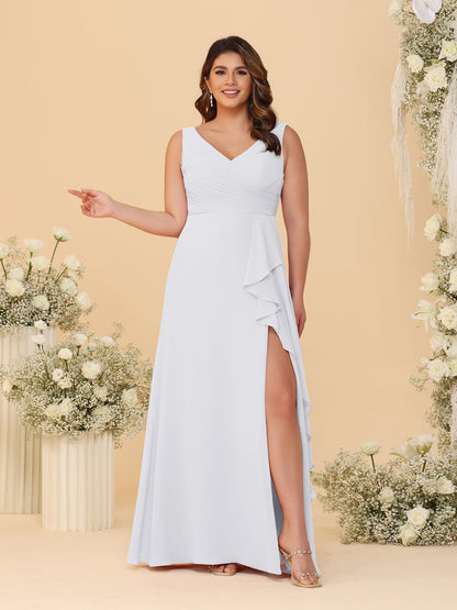 A-Line/Princess V-Neck Sleeveless Ruched Chiffon Plus Size Bridesmaid Dresses With Side Slit & Ruffles