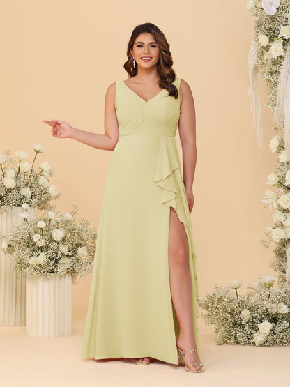 A-Line/Princess V-Neck Sleeveless Ruched Chiffon Plus Size Bridesmaid Dresses With Side Slit & Ruffles