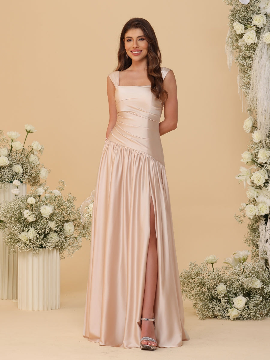 A-Line/Princess Off-the-Shoulder  Ruched Long Bridesmaid Dresses With Side Slit & Pleats