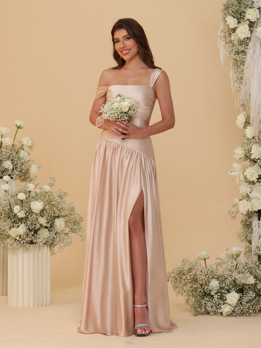 A-Line/Princess Off-the-Shoulder  Ruched Long Bridesmaid Dresses With Side Slit & Pleats