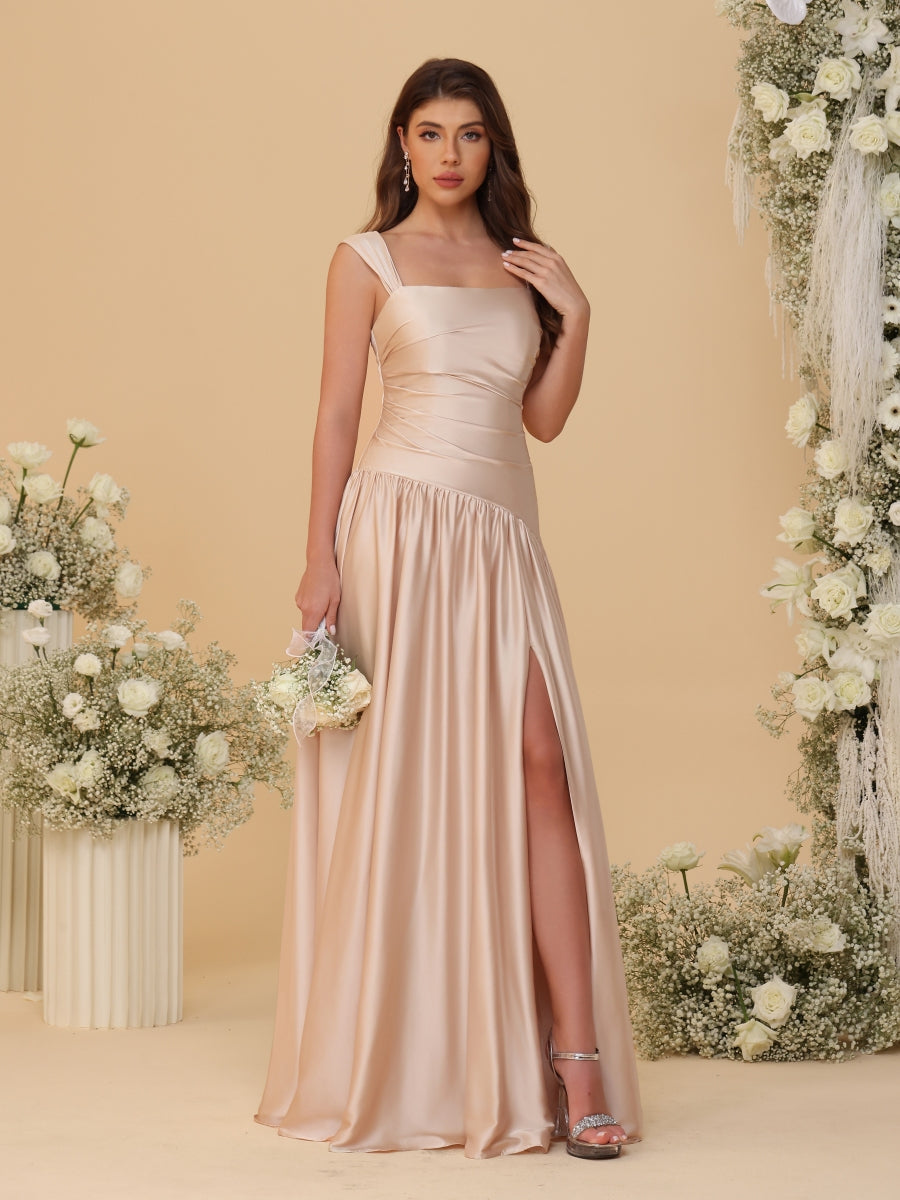 A-Line/Princess Off-the-Shoulder  Ruched Long Bridesmaid Dresses With Side Slit & Pleats