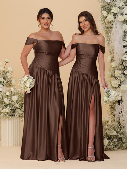 A-Line/Princess Off-the-Shoulder  Ruched Long Bridesmaid Dresses With Side Slit & Pleats