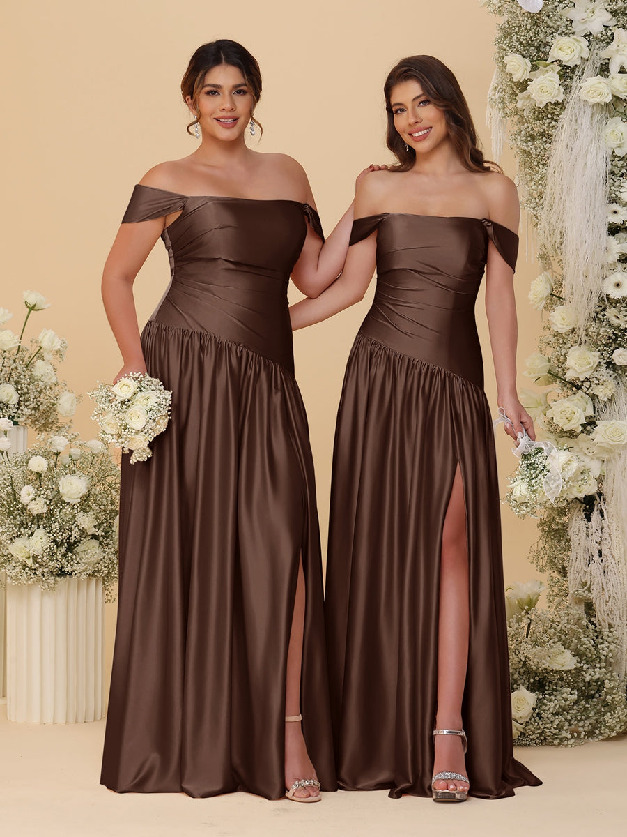 A-Line/Princess Off-the-Shoulder  Ruched Long Bridesmaid Dresses With Side Slit & Pleats